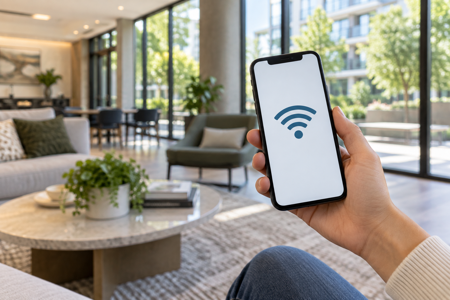 マンション共用部でWi-Fi接続を確認するスマートフォン